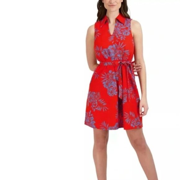Signature by Robbie Bee Womens Belted Mini Dress Red Tropical Floral XL New - Picture 1 of 6